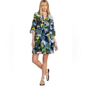 Johnny Was Floral Boho Tunic Dress Tassel Tie Peasant Mini Size M Blue Green